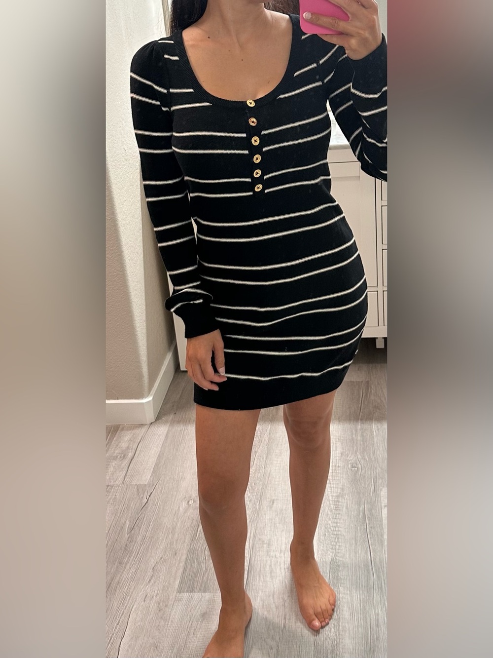 Juicy Couture Black & White Striped Henley Knit Mini Dress